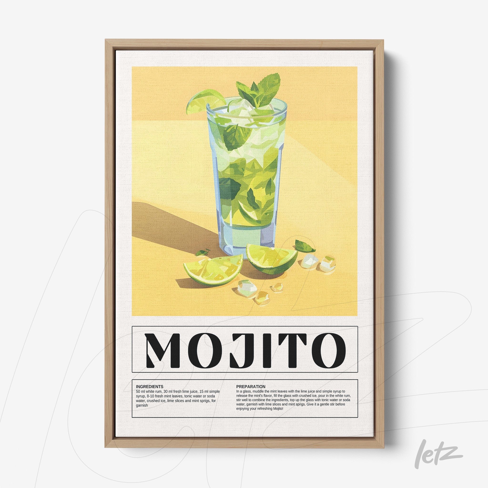 quadro com arte ilustrativa de drink mojito em fundo amarelo vibrante, limões fatiados, ervas frescas e gelo visíveis em um copo alto com uma moldura de madeira clara