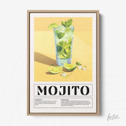 quadro com arte ilustrativa de drink mojito em fundo amarelo vibrante, limões fatiados, ervas frescas e gelo visíveis em um copo alto com uma moldura de madeira clara