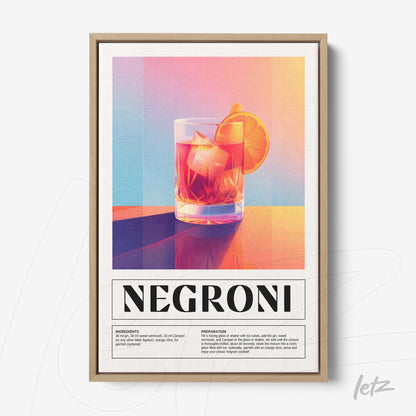 quadro com arte digital de drink negroni, frutas e gelo, moldura de madeira clara