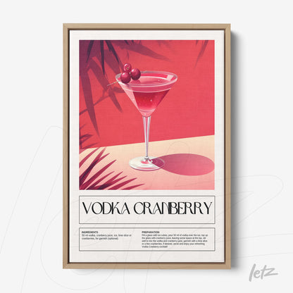 quadro com arte ilustrativa do drink vodka cranberry em moldura de madeira clara