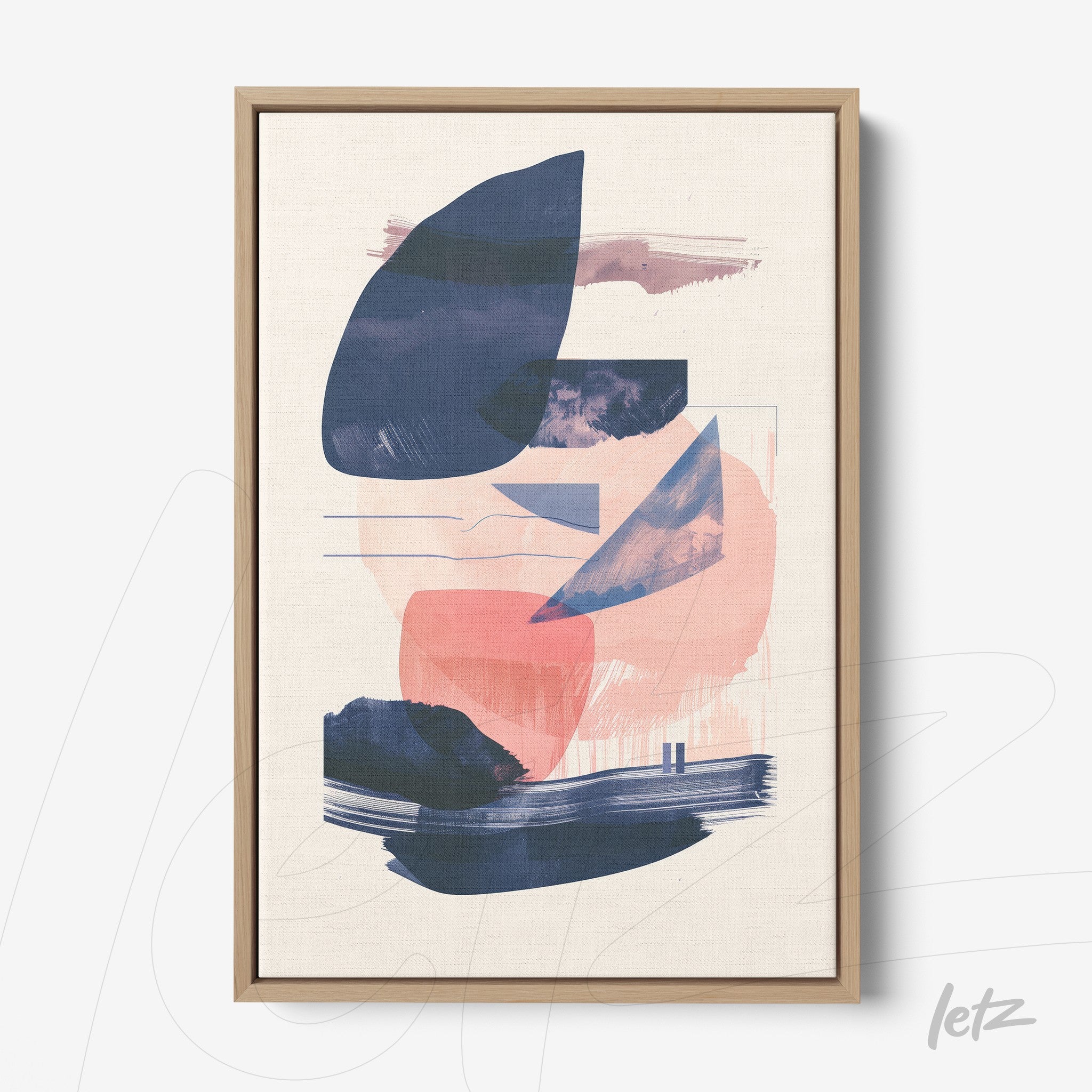 quadro com arte abstrata em tons de rosa e azul em moldura de madeira clara