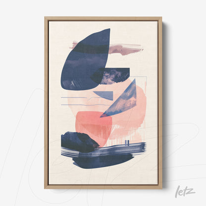 quadro com arte abstrata em tons de rosa e azul em moldura de madeira clara