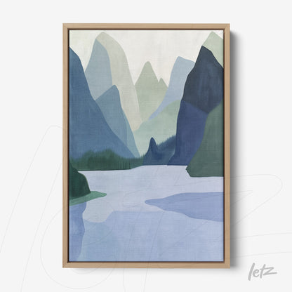 quadro com arte abstrata de paisagem montanhosa em tonalidades de azul e verde em moldura de madeira clara