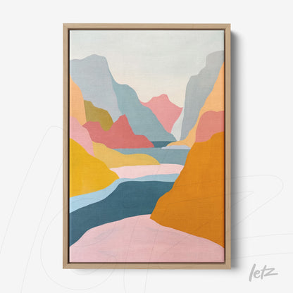 quadro com arte abstrata de montanhas coloridas em moldura de madeira clara