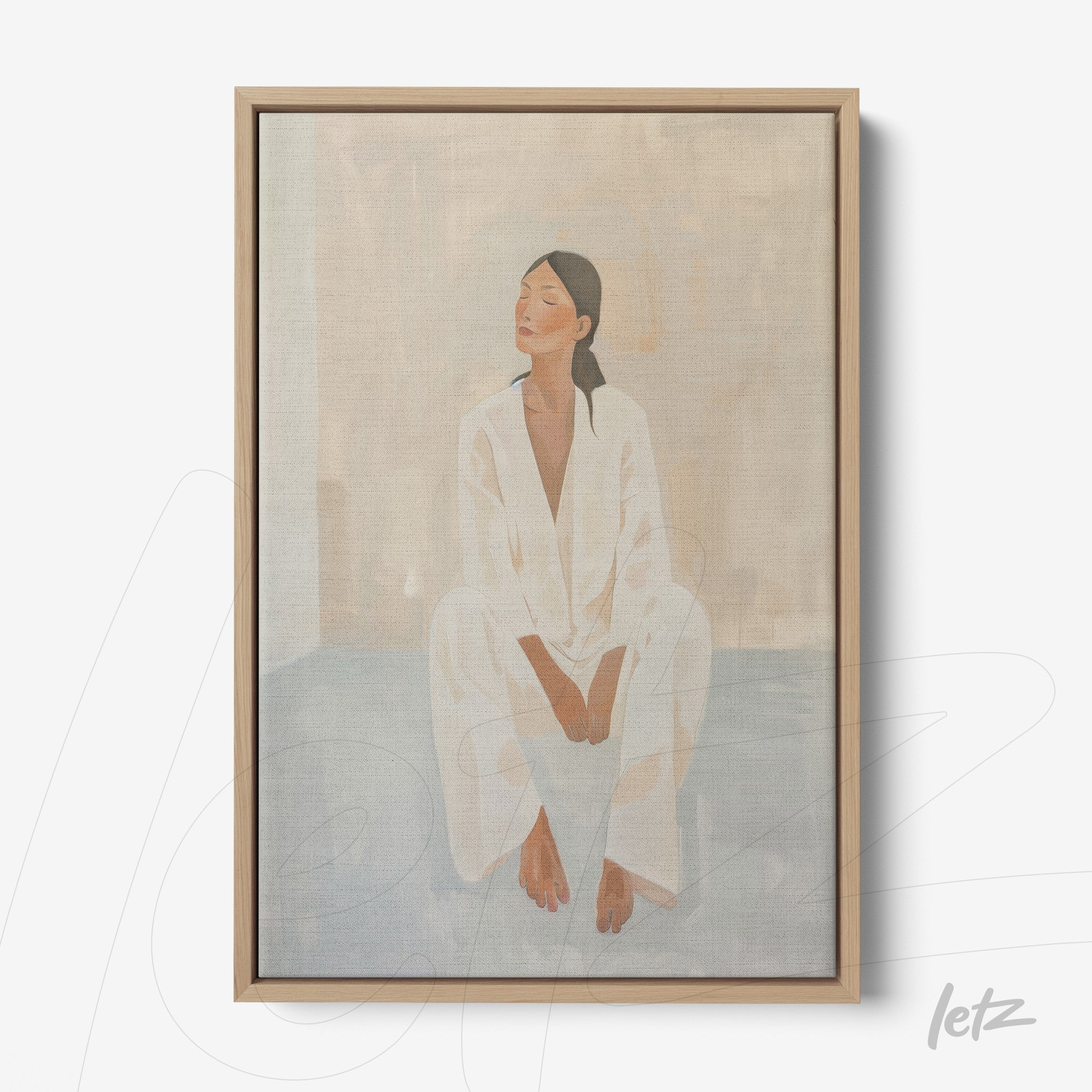 quadro com arte de figura feminina sentada em roupa clara com fundo neutro e moldura de madeira clara