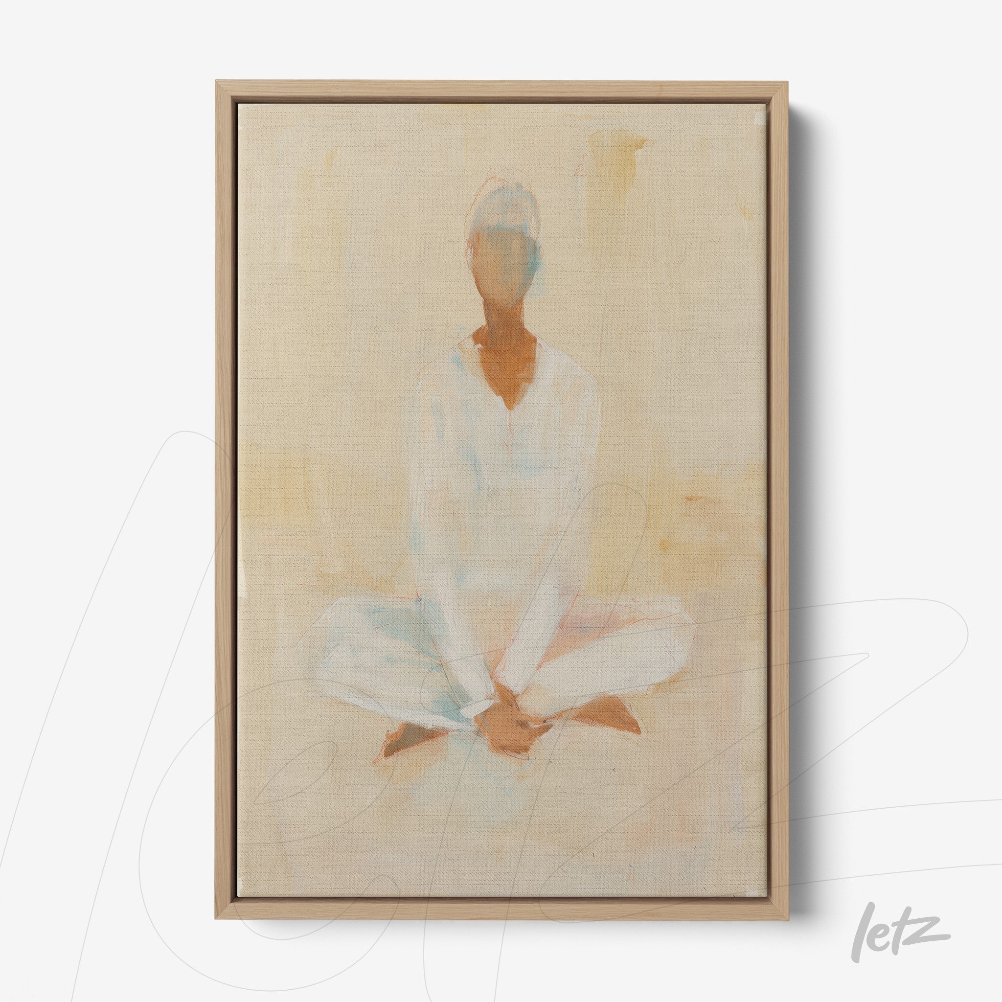 quadro em canvas com arte abstrata de figura meditativa, moldura de madeira clara e fundo suave em tons neutros