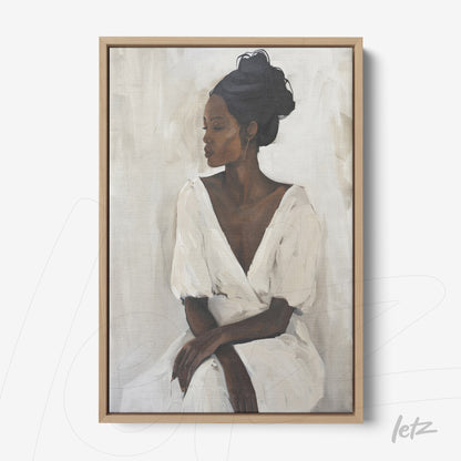 quadro em tela com retrato de mulher negra usando vestido branco, em moldura de madeira clara