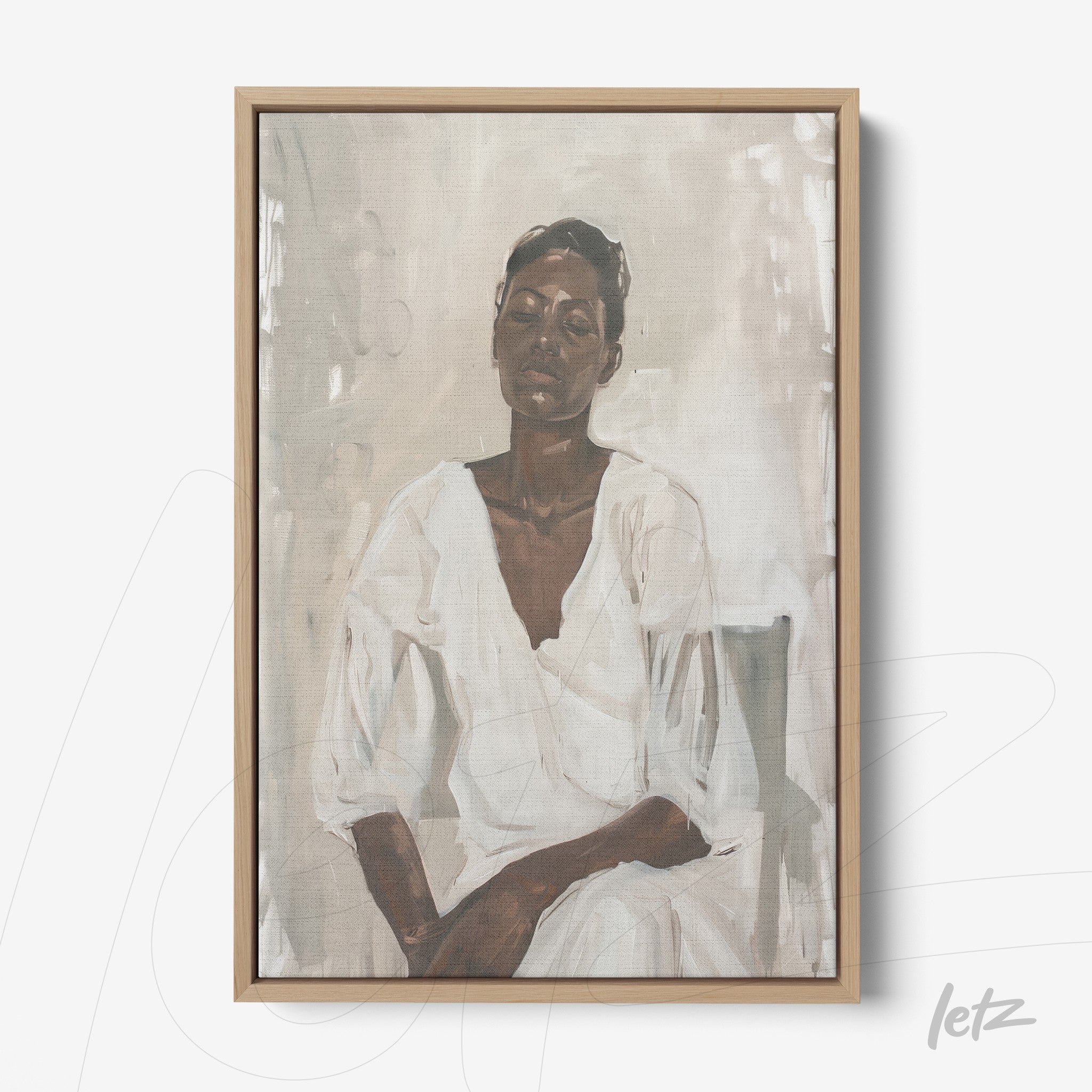 quadro em canvas com retrato artístico de mulher em vestido branco, moldura de madeira clara