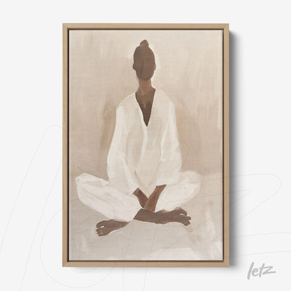 quadro com arte abstrata de figura feminina em pose de meditação, moldura em madeira clara