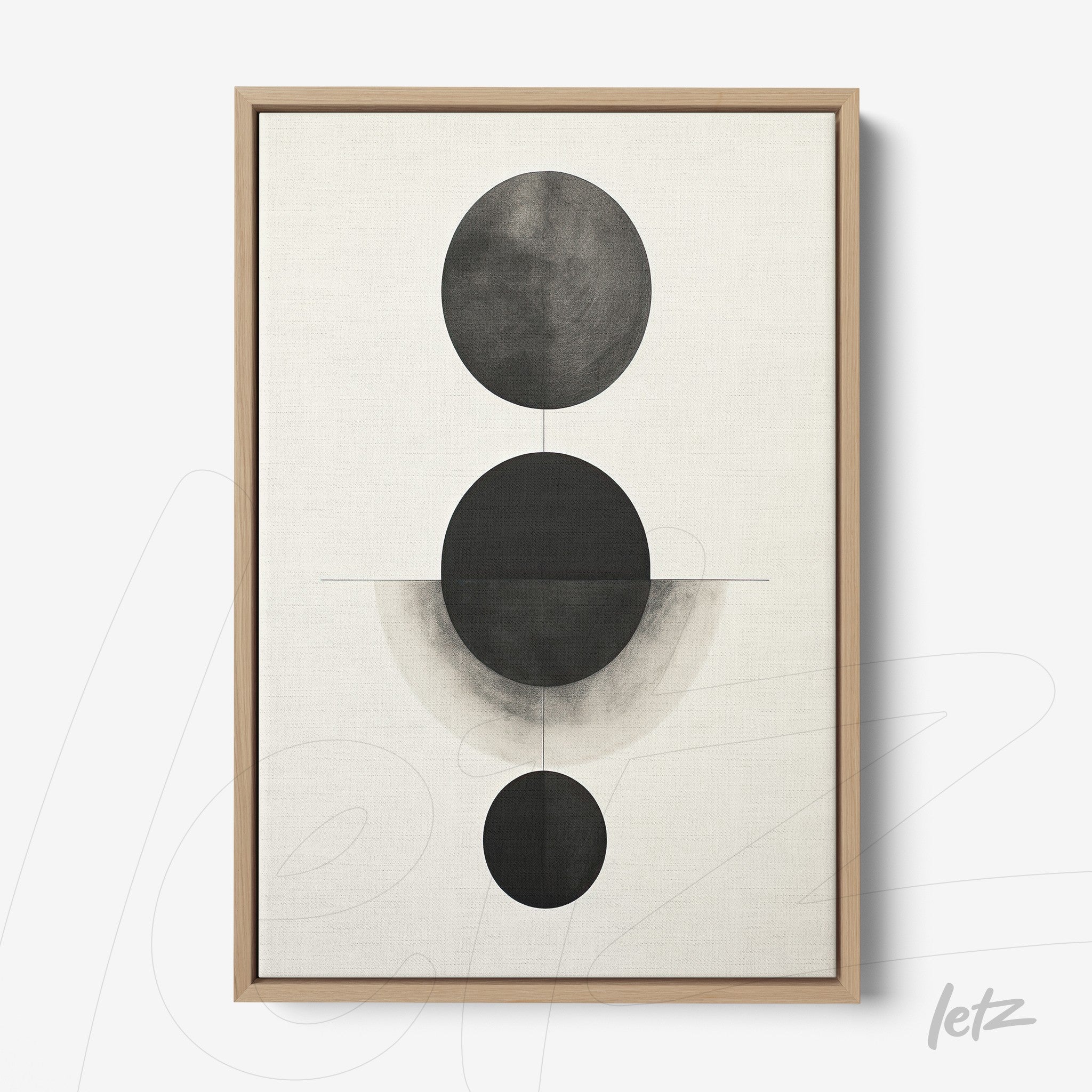 quadro com arte abstrata em preto e branco com círculos em diferentes tamanhos em moldura de madeira clara