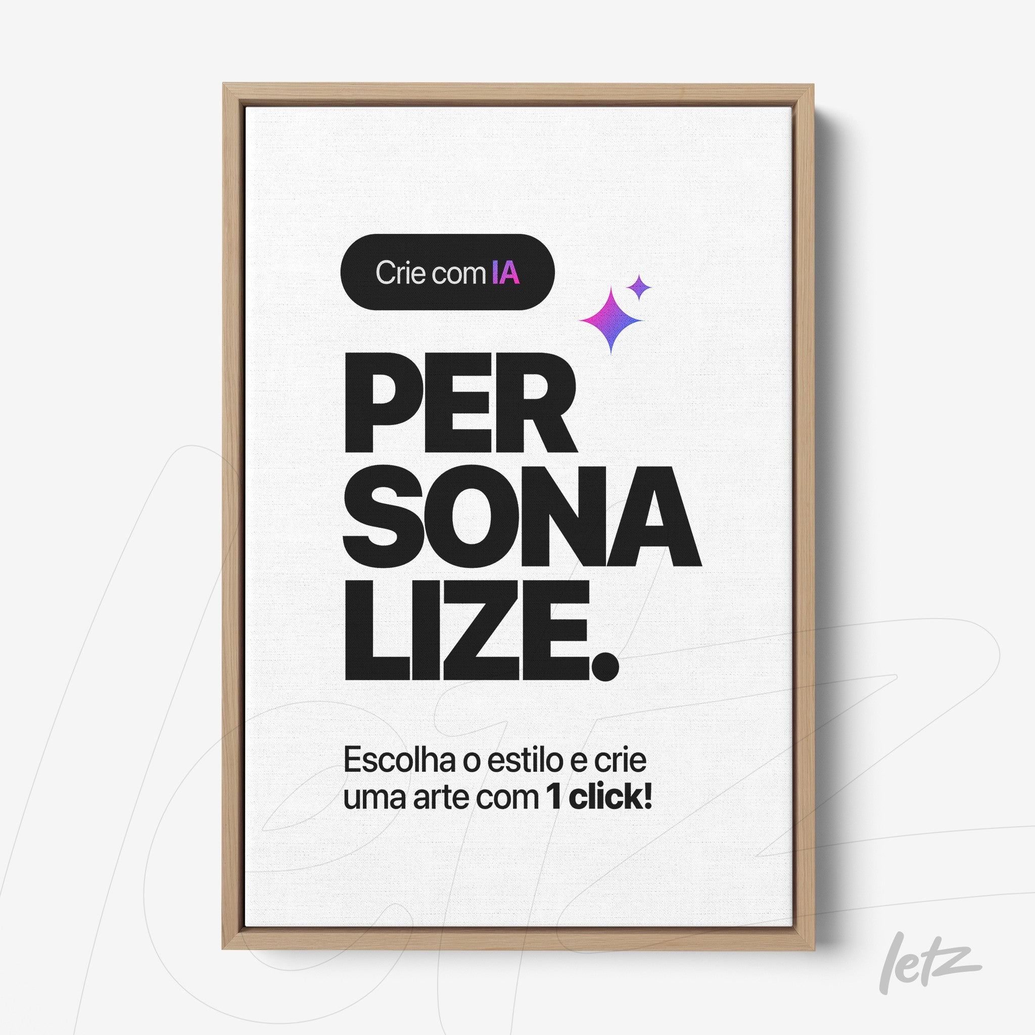 quadro com texto de personalização em fonte bold sobre fundo branco e moldura de madeira clara