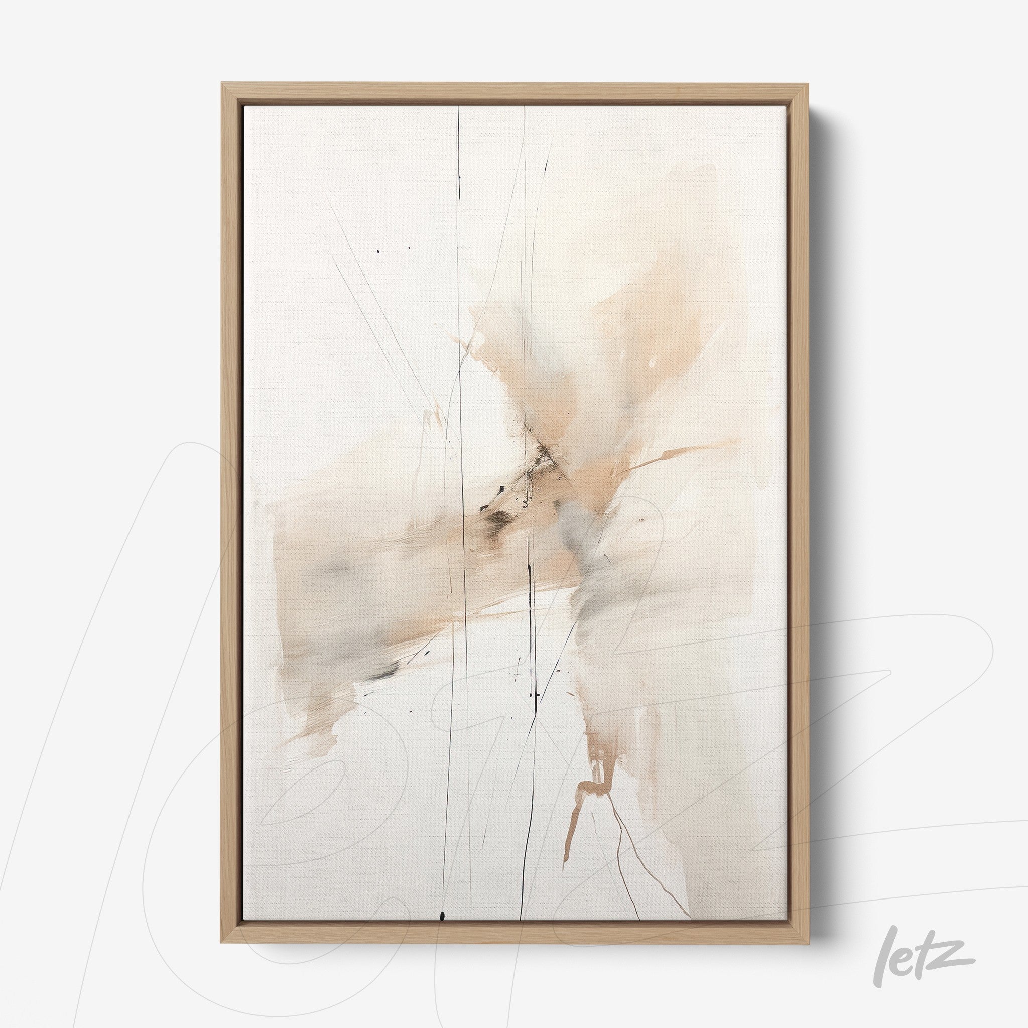 quadro com arte abstrata em tons suaves de bege e branco, moldura de madeira clara