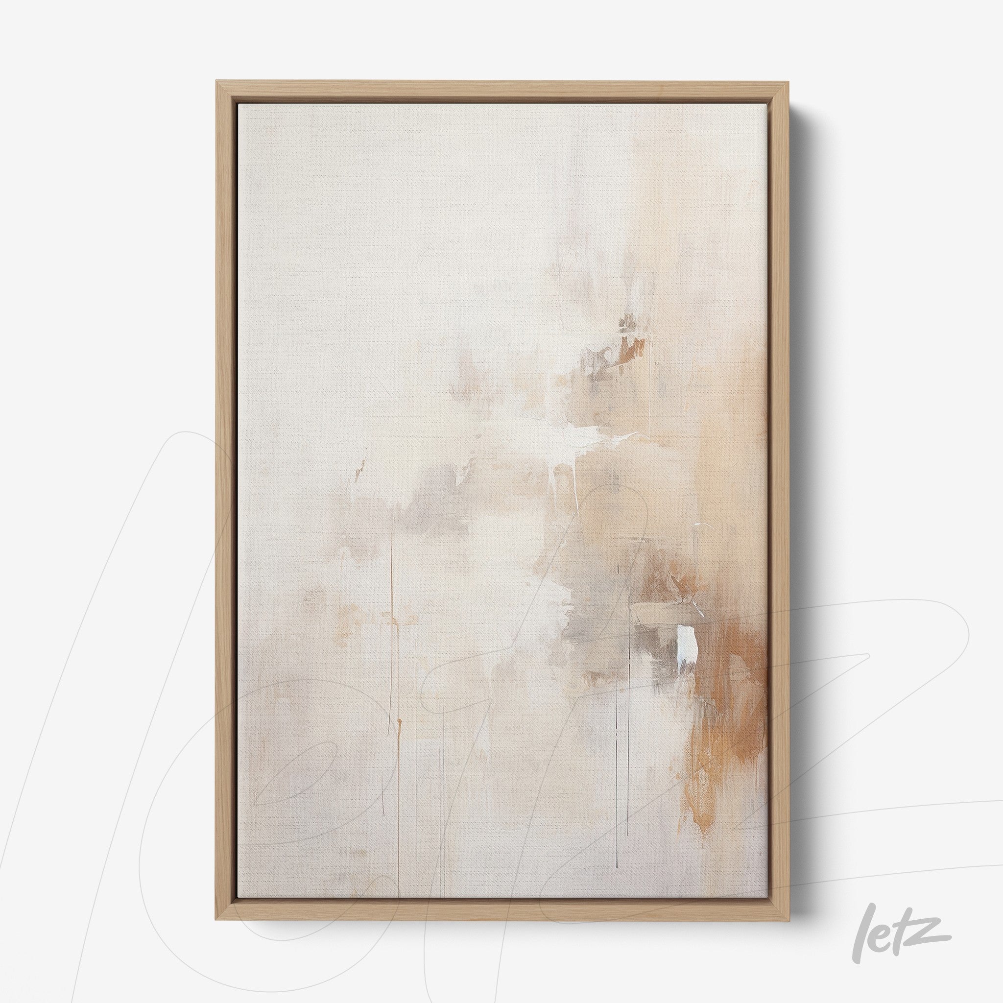 quadro com arte abstrata em tons neutros com moldura de madeira clara