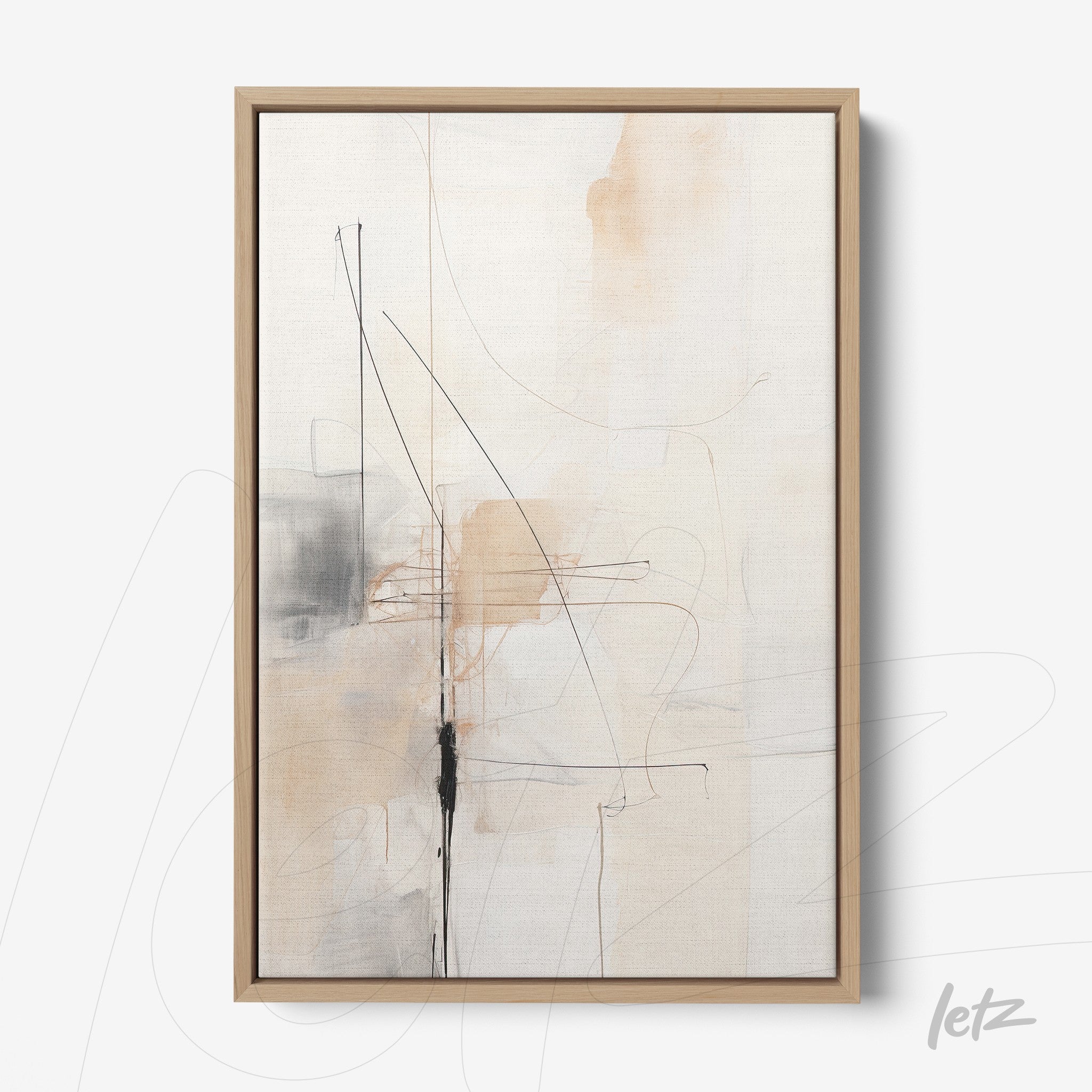 quadro abstrato em tons neutros com linhas pretas e detalhes em marrom, moldura clara de madeira