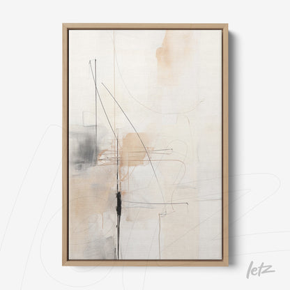 quadro abstrato em tons neutros com linhas pretas e detalhes em marrom, moldura clara de madeira
