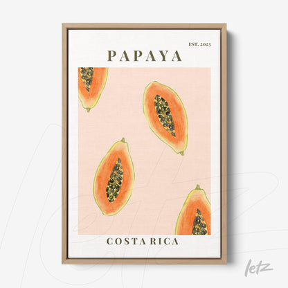quadro com ilustração de papaias em fundo rosa claro, moldura de madeira clara com texto 'Papaya' e 'Costa Rica'