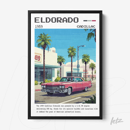 quadro com arte digital estilizada de um Cadillac Eldorado de 1959 em uma cena de rua iluminada por palmeiras