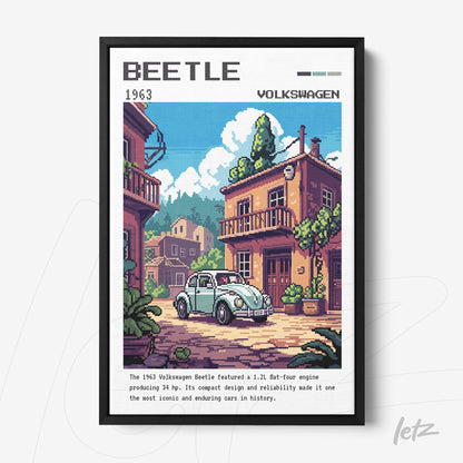 quadro emoldurado com ilustração pixel art de um carro Volkswagen Beetle de 1963 estacionado em uma rua com casas coloridas