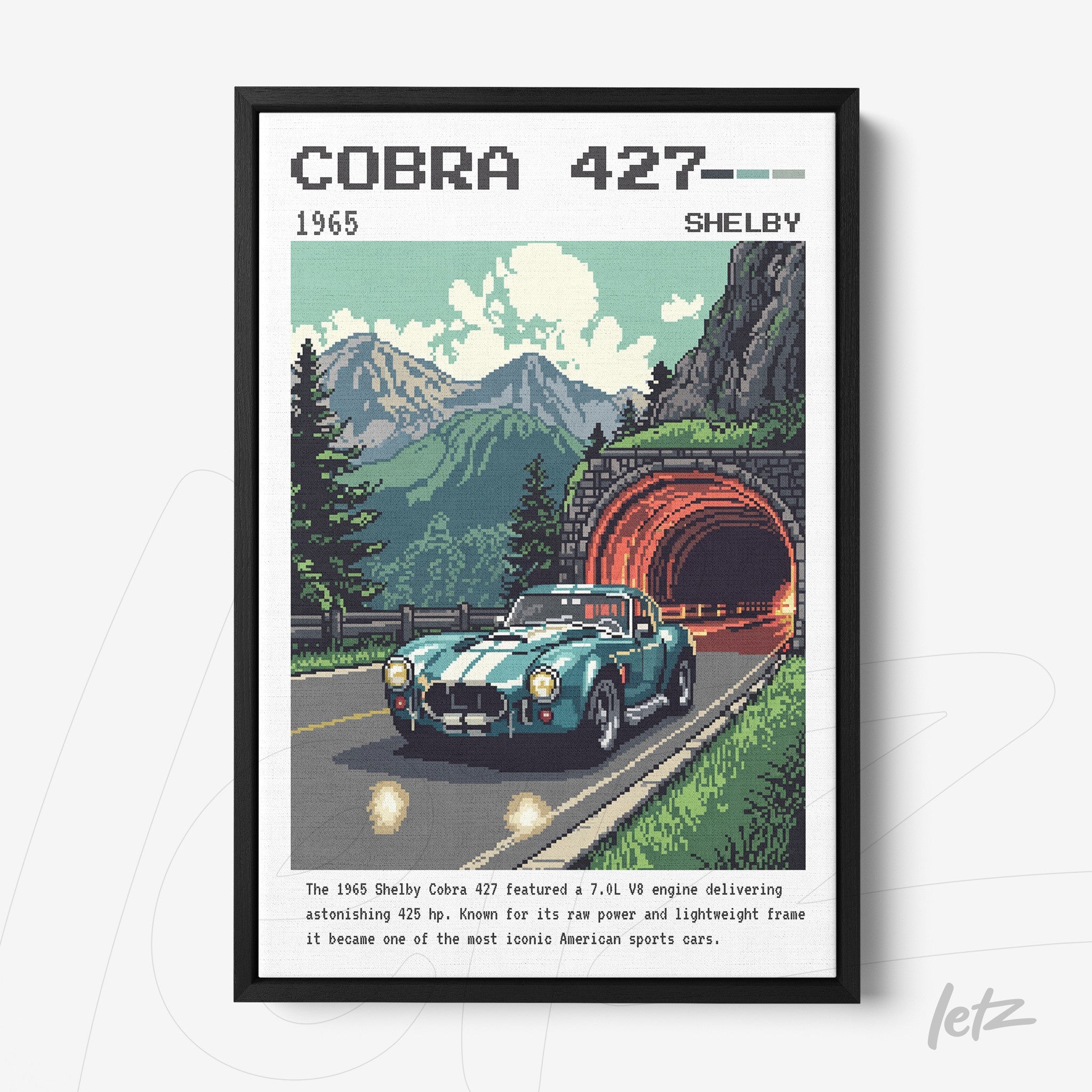 quadro com arte retro de carro esportivo Shelby Cobra 427 em moldura preta fina