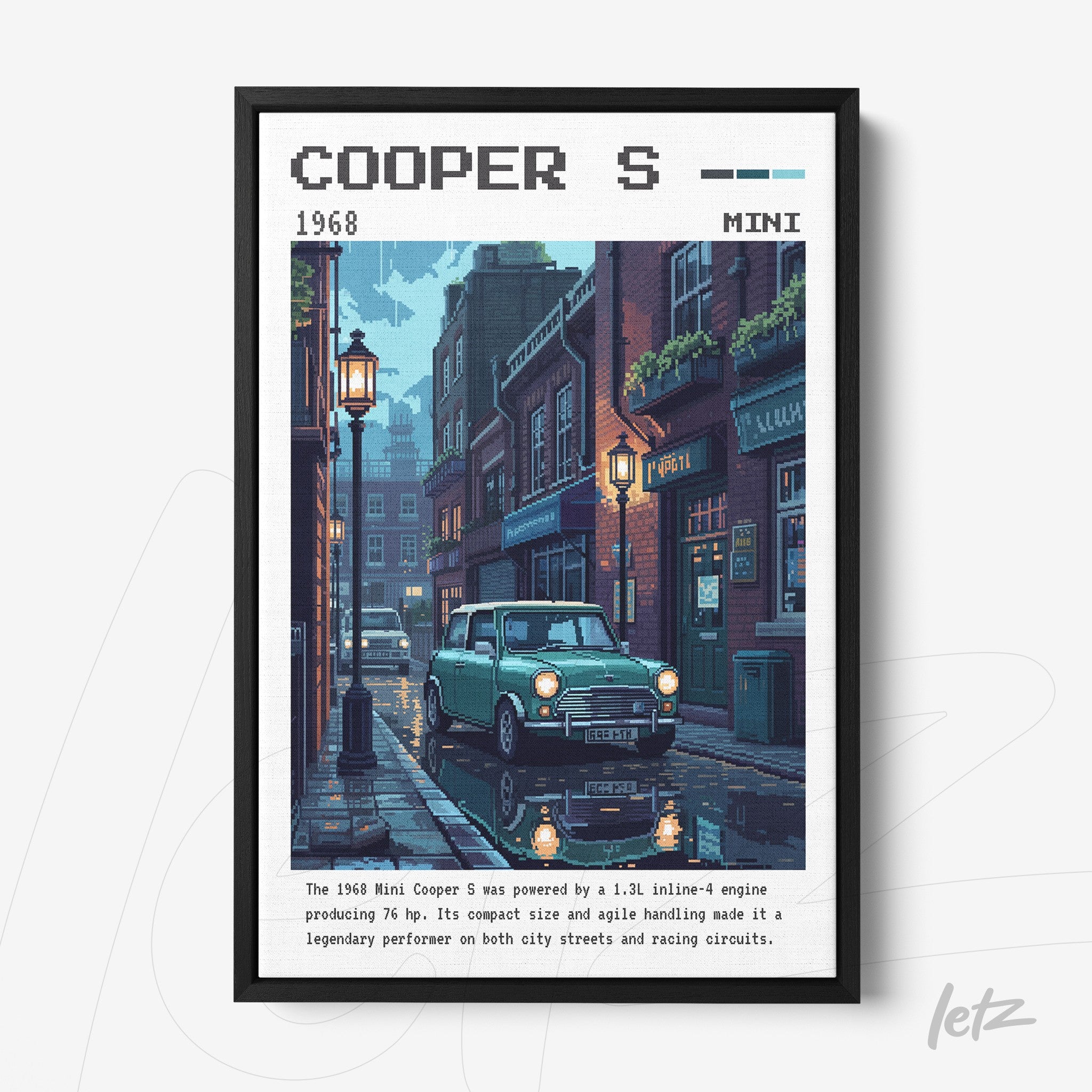quadro com arte pixelada de um carro Mini Cooper S em uma rua típica, moldura preta