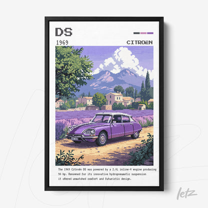 quadro com ilustração vintage de carro Citroën DS em estilo pixel art com fundo de paisagem campestre e montanhas