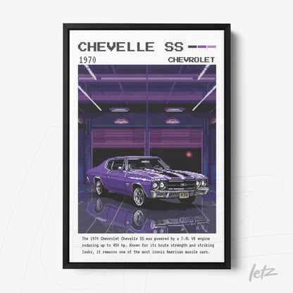 quadro com arte retrô de um carro Chevrolet Chevelle SS 1970 em moldura preta