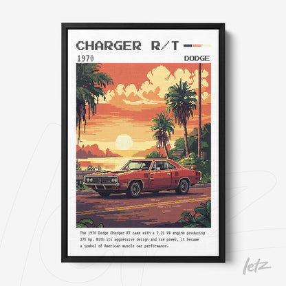 quadro com arte retro de carro Dodge Charger R/T de 1970 em moldura preta e fundo laranja com palmeiras