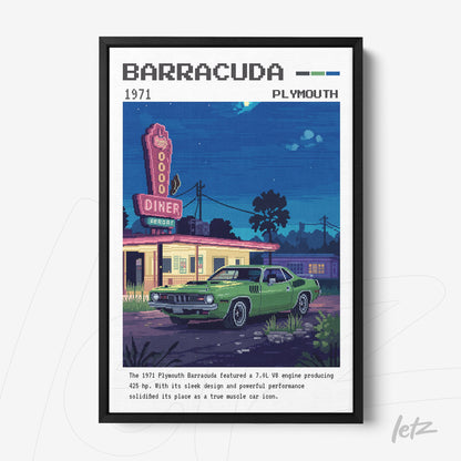 quadro com arte pixelada de um carro Plymouth Barracuda verde em frente a um diner vintage com letreiro iluminado