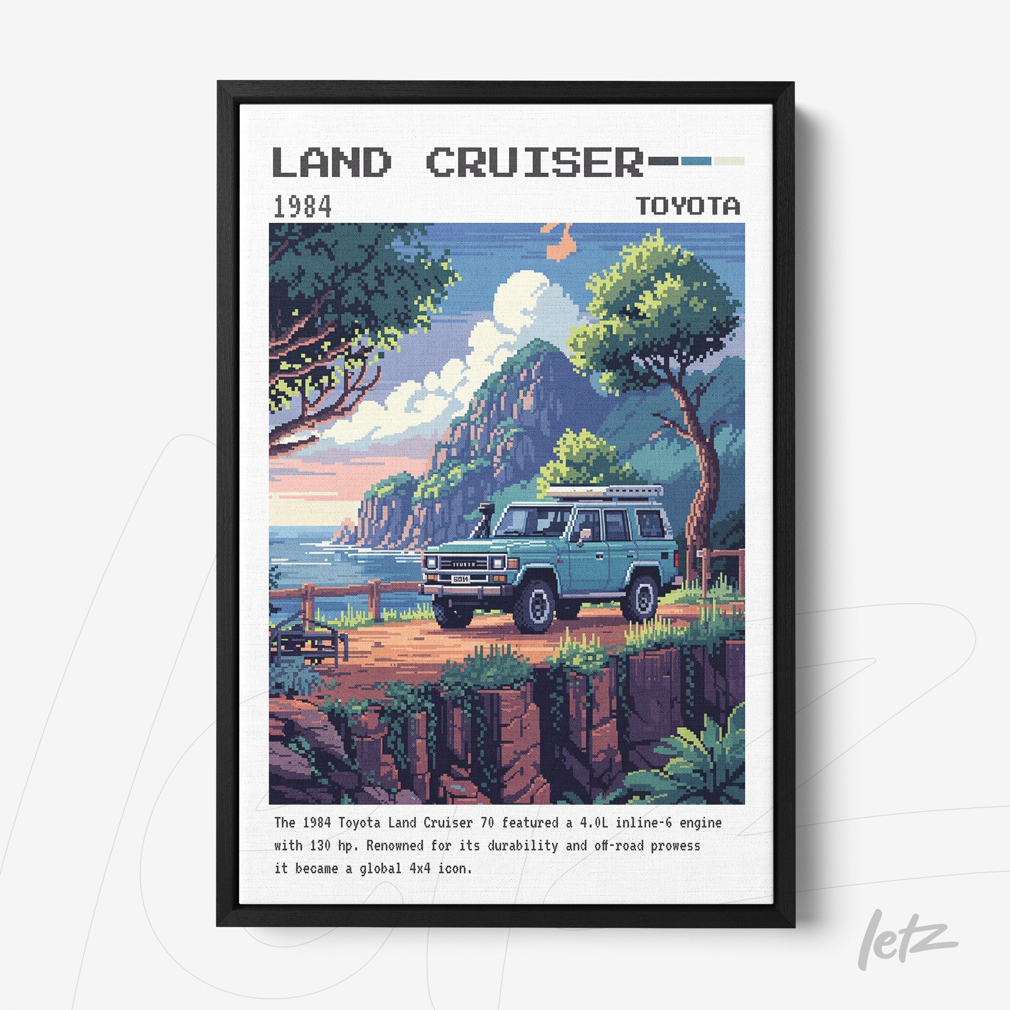 quadro com arte pixelada do Toyota Land Cruiser 1984 em moldura preta, com paisagem de montanhas e vegetação ao fundo