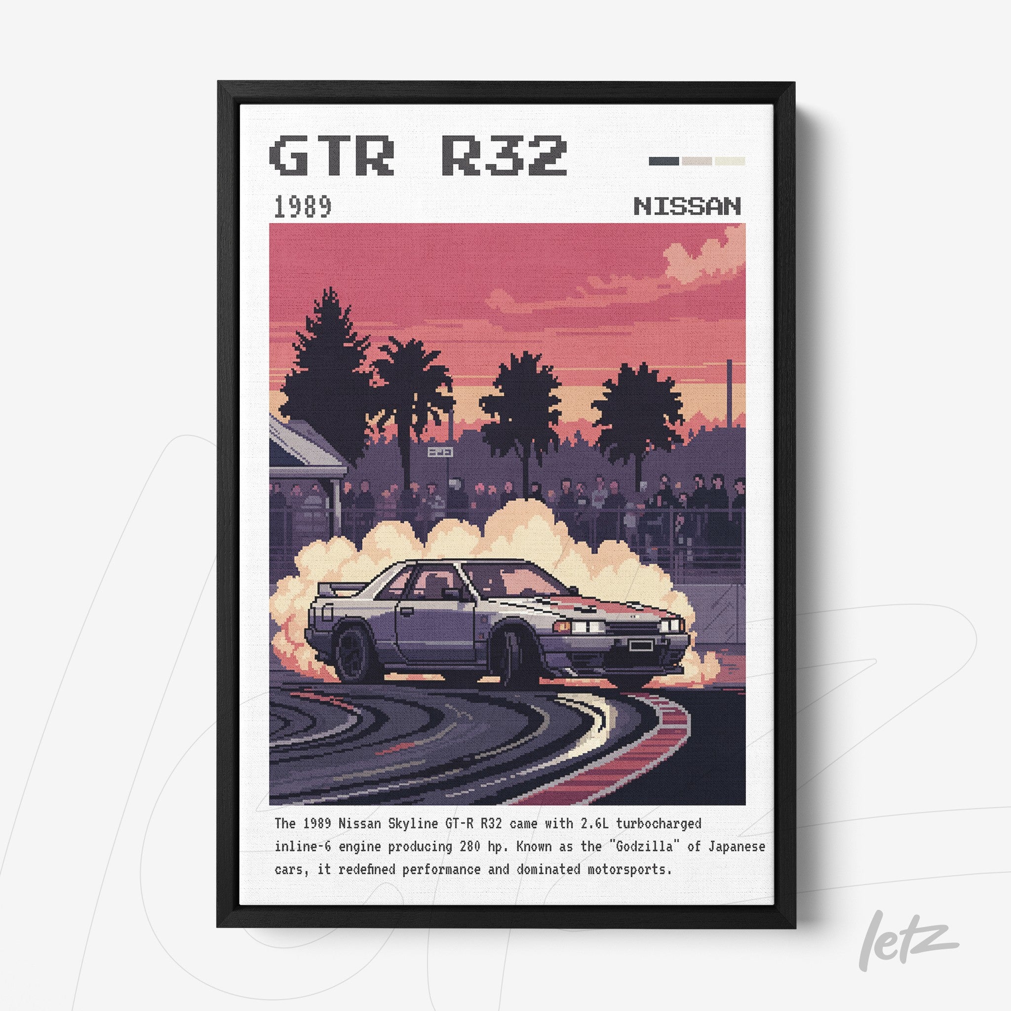quadro com arte digital de um carro Nissan Skyline GT-R R32 em moldura preta, com fundo de pôr do sol e fumaça