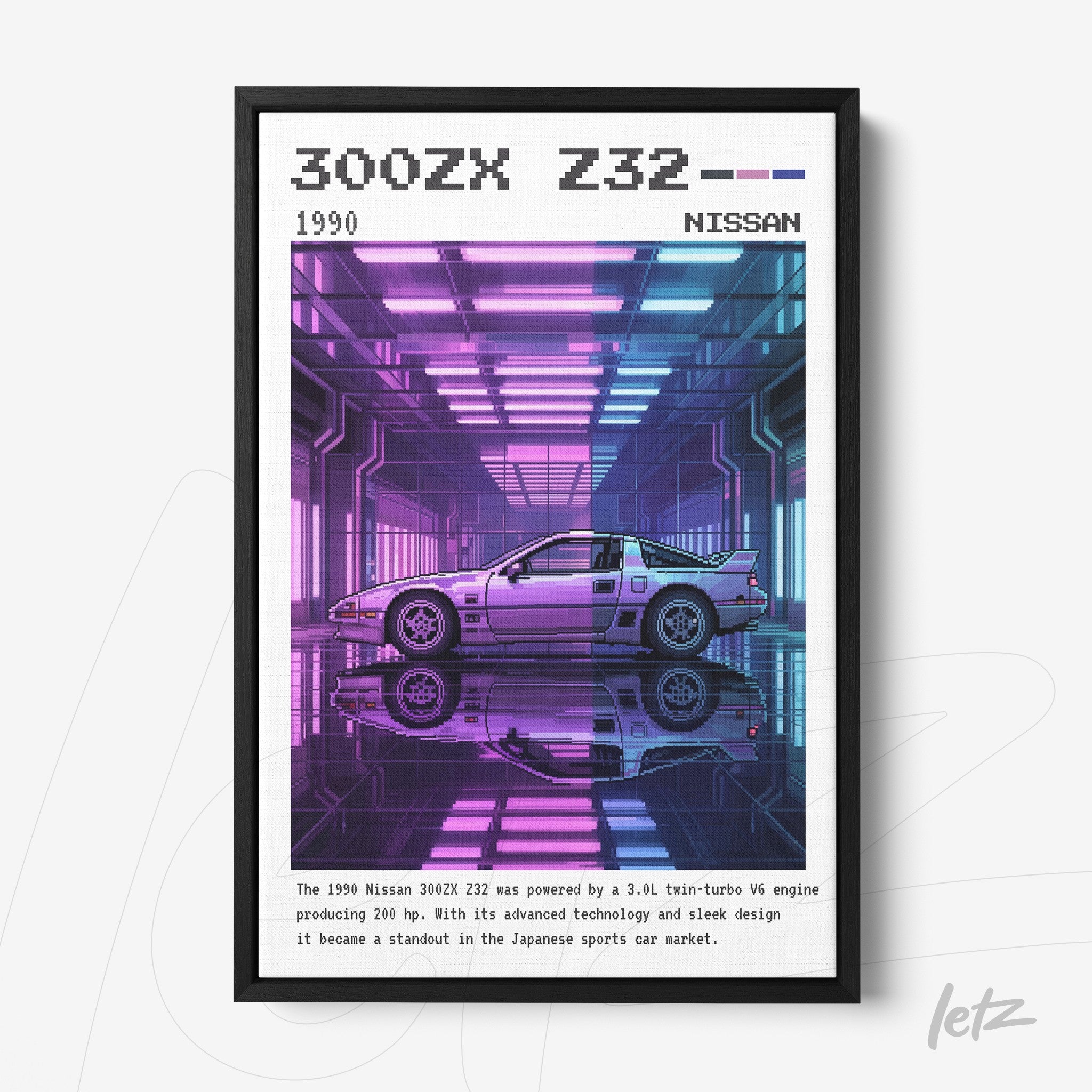 quadro com arte digital de um Nissan 300ZX Z32 dos anos 90 em moldura preta, com fundo iluminado em tons roxos e azuis