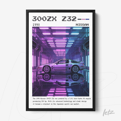 quadro com arte digital de um Nissan 300ZX Z32 dos anos 90 em moldura preta, com fundo iluminado em tons roxos e azuis