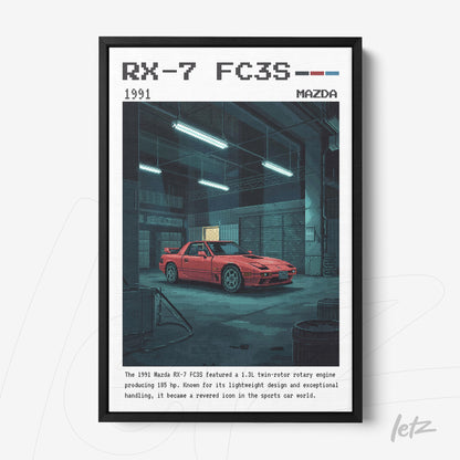 quadro com arte digital de um carro Mazda RX-7 FC3S em garagem escura com detalhes em pixel art