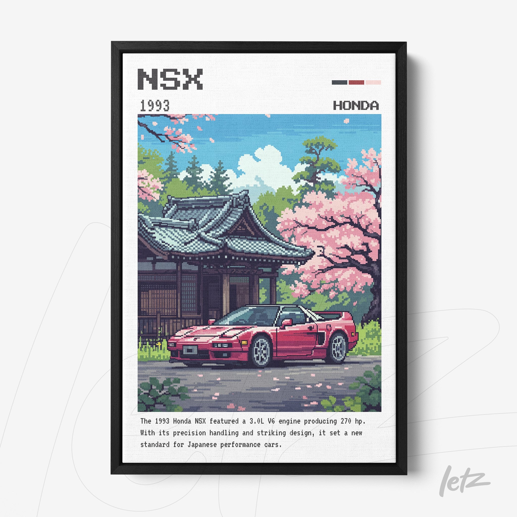 quadro com arte pixelada do carro Honda NSX de 1993 em frente a um templo japonês, com flores de cerejeira ao fundo
