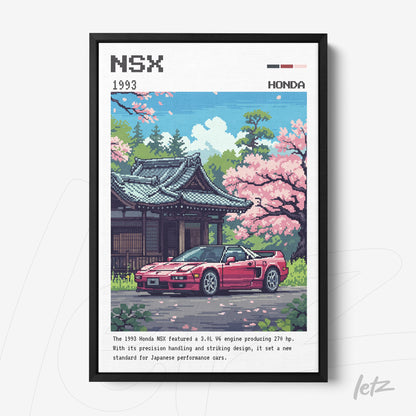 quadro com arte pixelada do carro Honda NSX de 1993 em frente a um templo japonês, com flores de cerejeira ao fundo