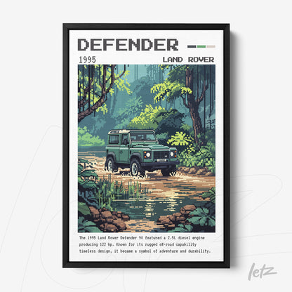 quadro com arte pixelada de um carro Land Rover Defender 1995 em meio a uma paisagem verdejante