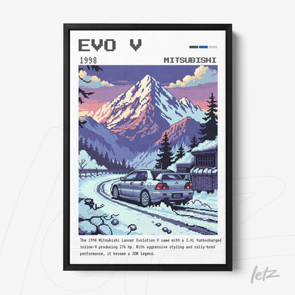 quadro com arte pixelizada do Mitsubishi Lancer Evolution V em uma paisagem montanhosa ao entardecer, moldura preta