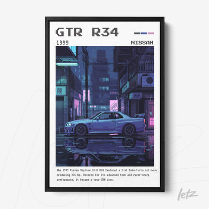 quadro com arte pixelada de um carro Nissan GTR R34 em uma cidade neon com moldura preta