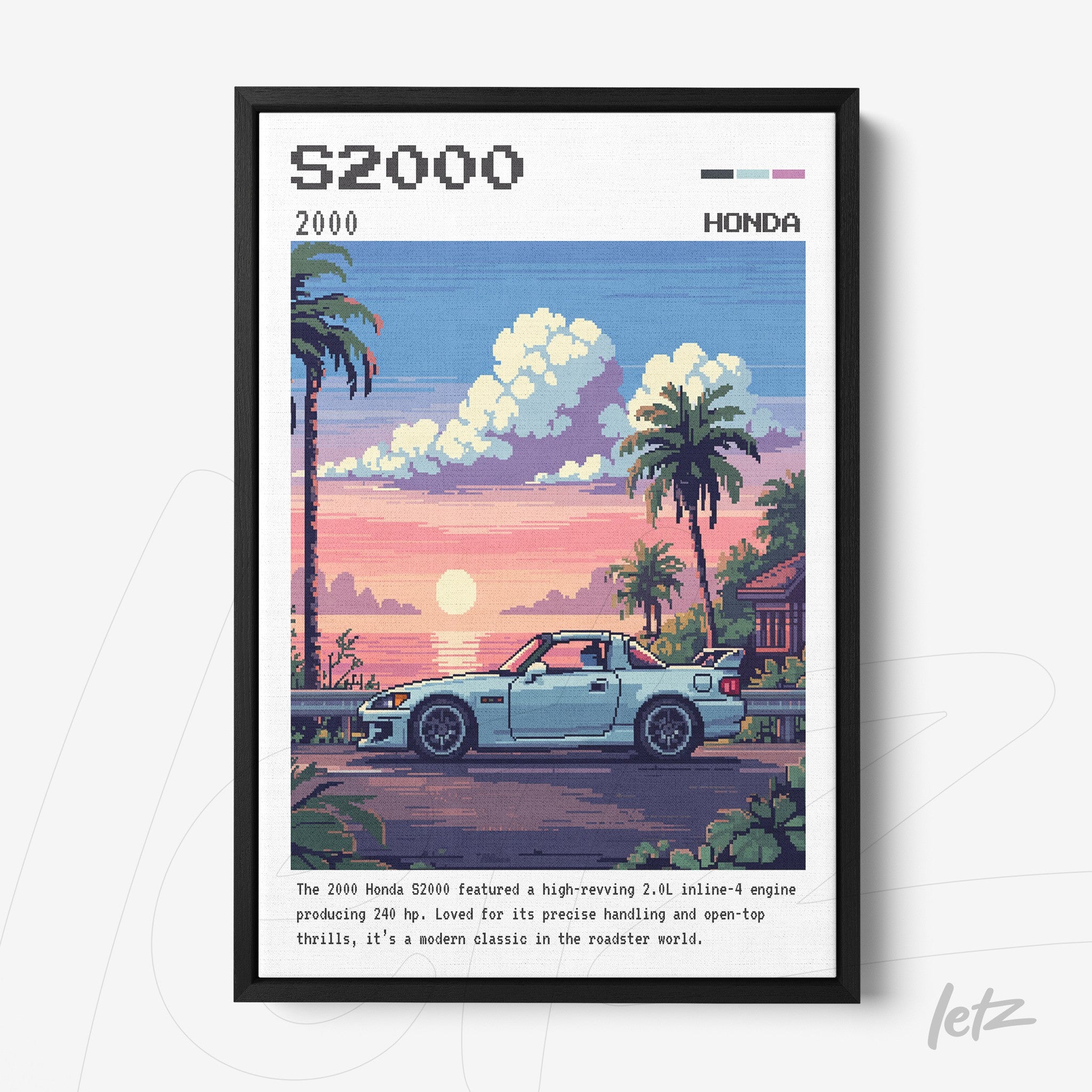 quadro emoldurado com arte digital pixelada do carro Honda S2000 em cenário nostálgico de pôr do sol com palmeiras