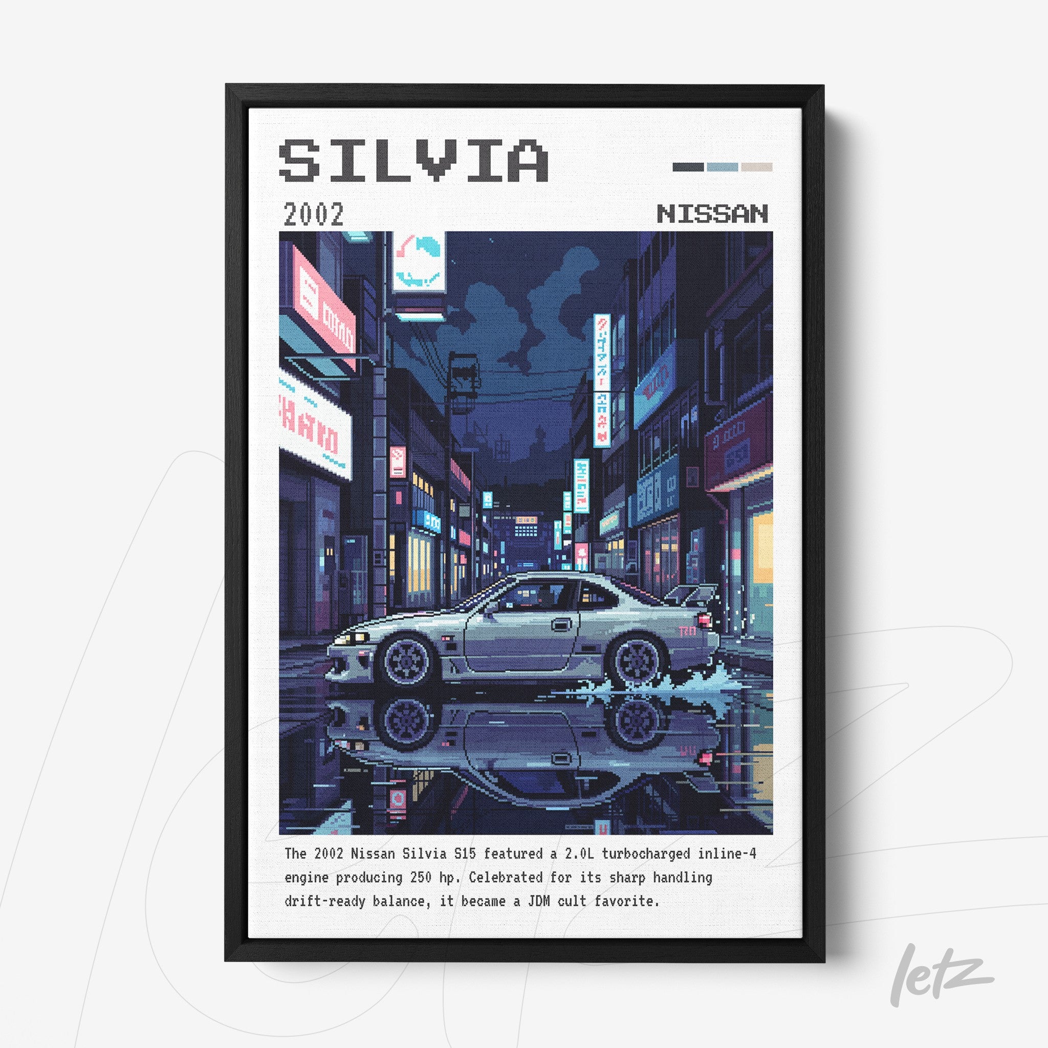quadro com arte no estilo pixel art de um Nissan Silvia 2002 em uma rua iluminada por neon com reflexos na água