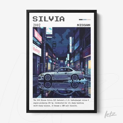 quadro com arte no estilo pixel art de um Nissan Silvia 2002 em uma rua iluminada por neon com reflexos na água