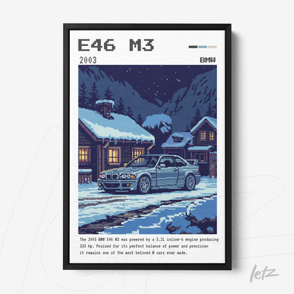 quadro com arte pixelada da BMW E46 M3 em uma cena noturna com neve e chalés de madeira