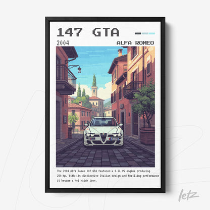 quadro com arte digital de um carro Alfa Romeo 147 GTA em uma rua italiana, moldura preta