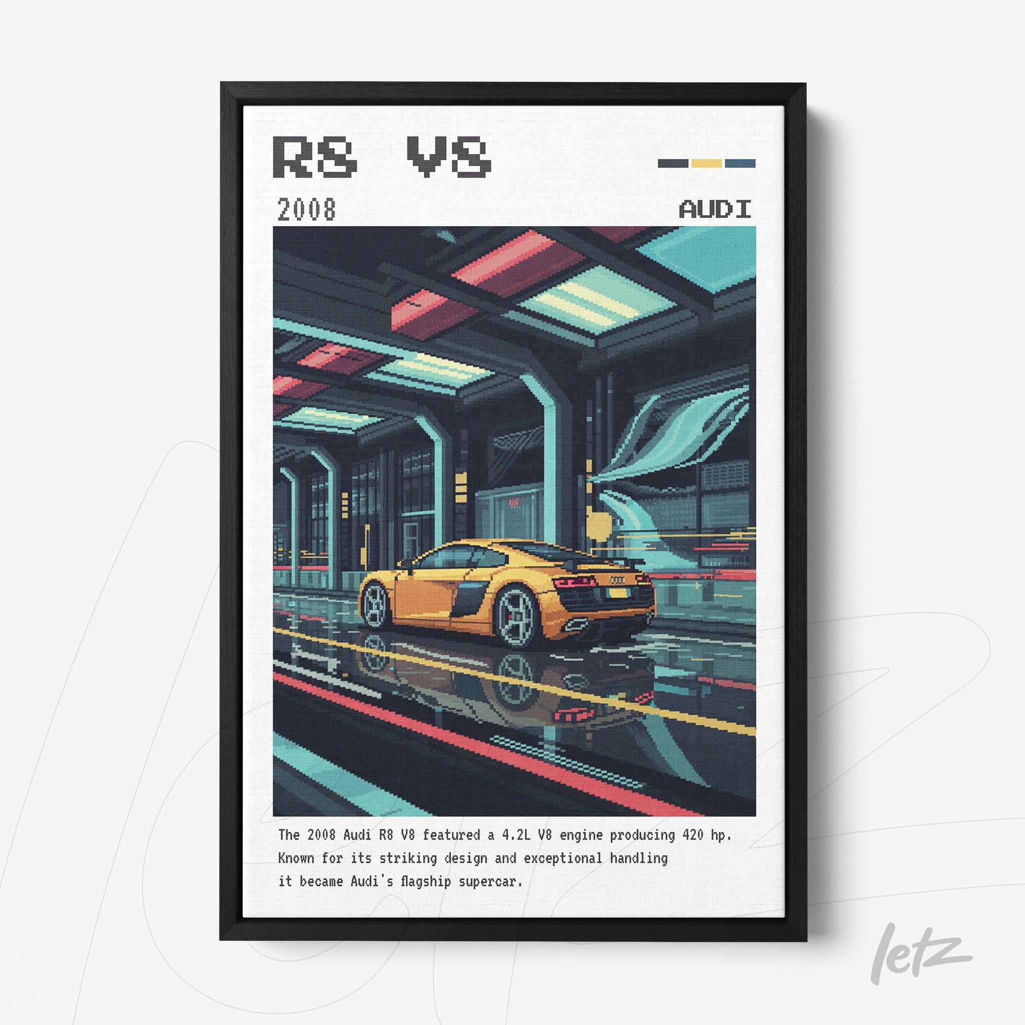 quadro emoldurado com arte digital de um carro Audi R8 V8 em cenário futurista, destacando seu design e detalhes técnicos