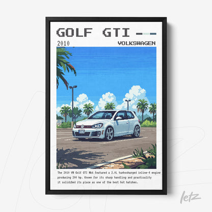 quadro com arte digital de carro esportivo Golf GTI em estilo pixelado com moldura preta