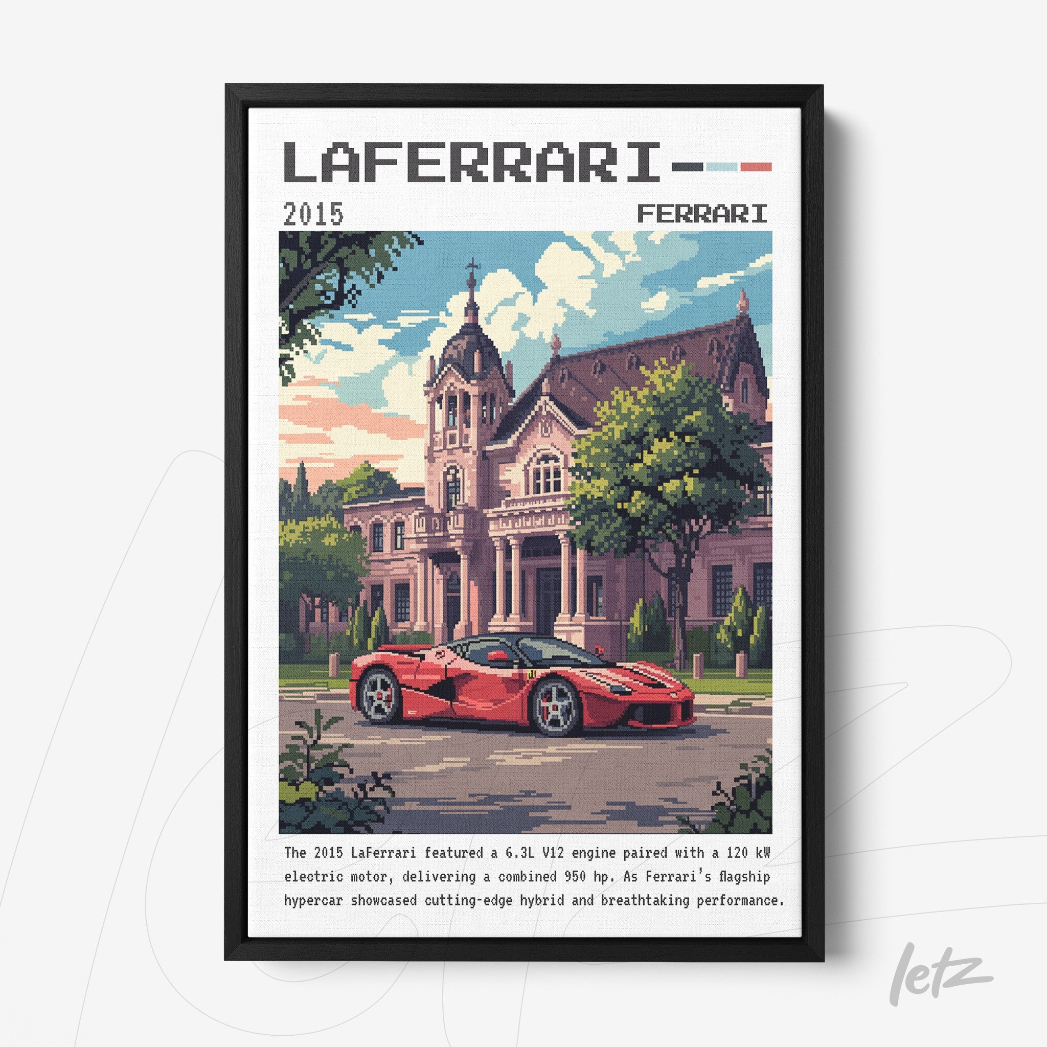 quadro emoldurado com arte pixelada de um carro LaFerrari em frente a uma mansão histórica