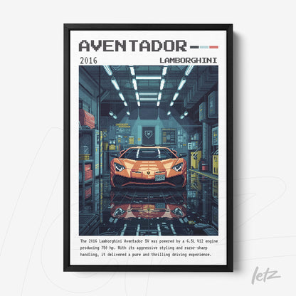 quadro com arte de carro esportivo Lamborghini Aventador em estilo pixelado, moldura preta, fundo industrial