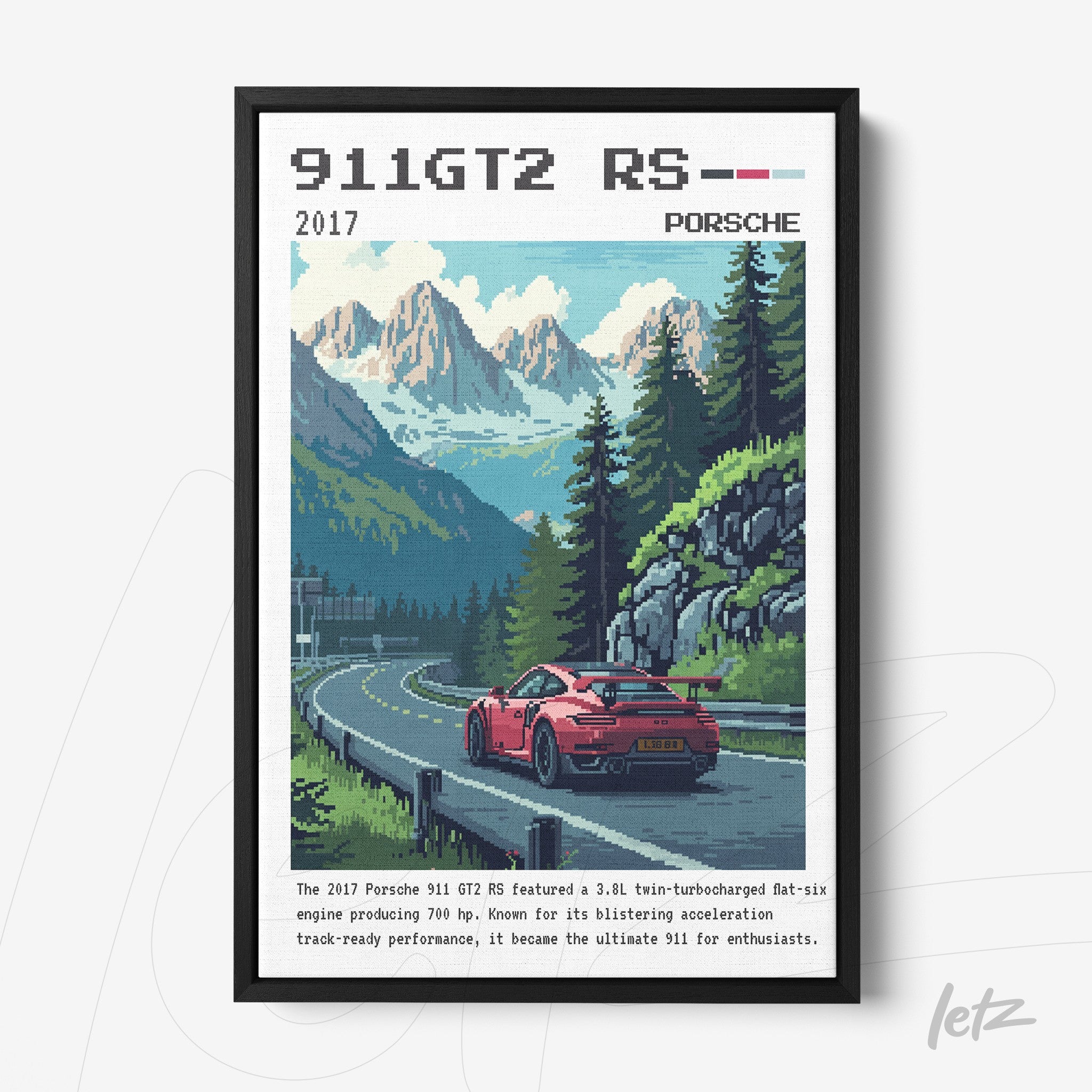 quadro com ilustração pixelada de um Porsche 911 GT2 RS em uma estrada montanhosa, moldura preta e fundo em tom pastel