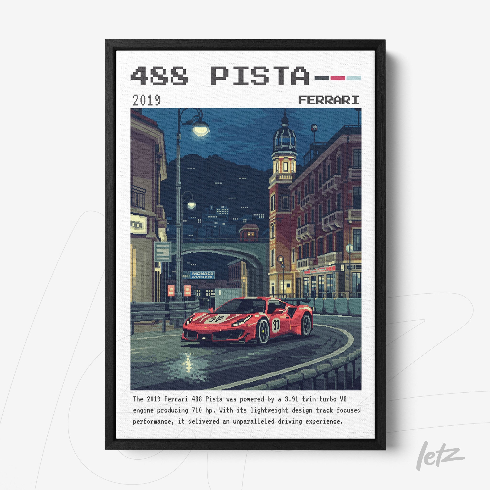 quadro com arte pixelada do carro Ferrari 488 Pista em moldura preta, retratado em uma rua noturna com edifícios europeus ao fundo