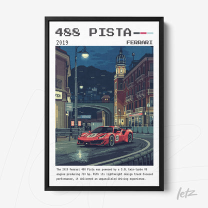 quadro com arte pixelada do carro Ferrari 488 Pista em moldura preta, retratado em uma rua noturna com edifícios europeus ao fundo